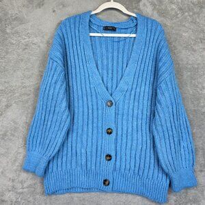 Mango Cardigan Sweater Womens Medium Blue Chunky Rib Knit V Neck Button Front
